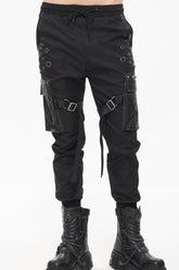 Black Punk Multi-Pocket Leather Splicing Metal Leg Ring Men's Pants